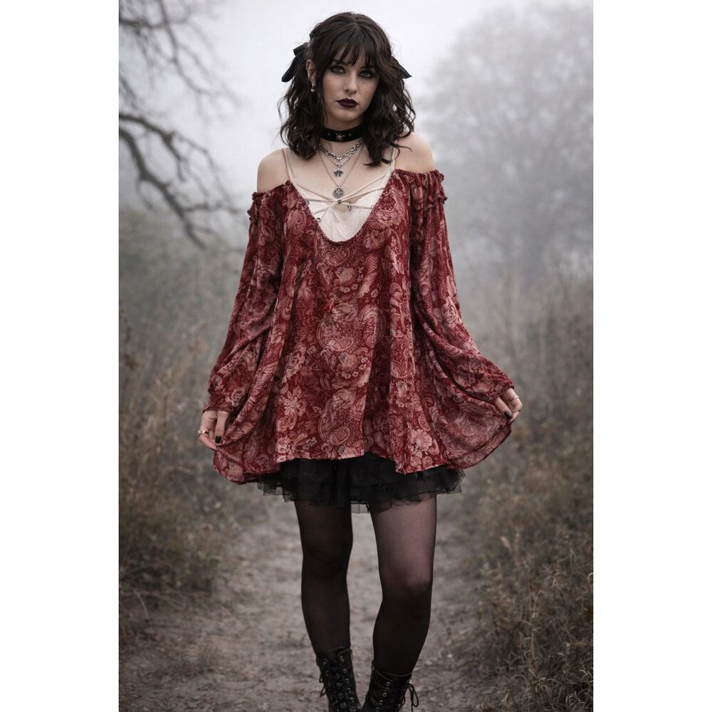 Chasor Whimsygoth Boho Paisley Velvet‎ Silk Strappy Cold Shoulder Tunic Dress XS